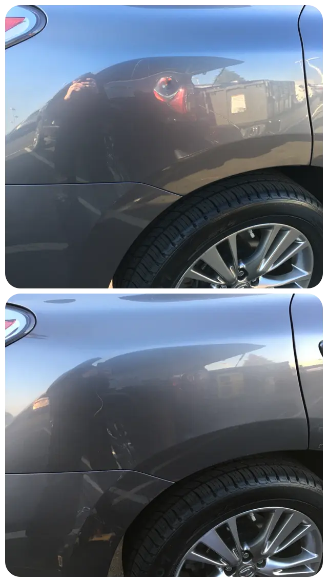 Before and after paintless dent repair on a silver Lexus SUV rear quarter panel