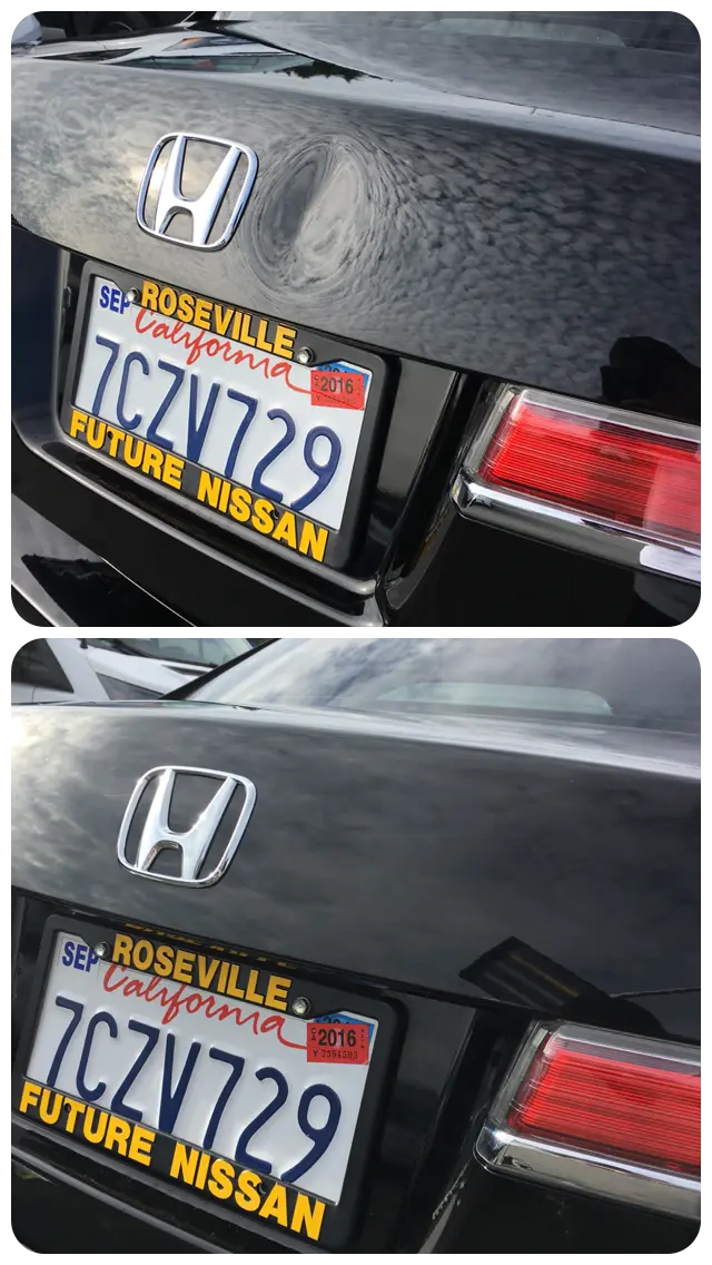 Before and after paintless dent repair on a Honda trunk lid