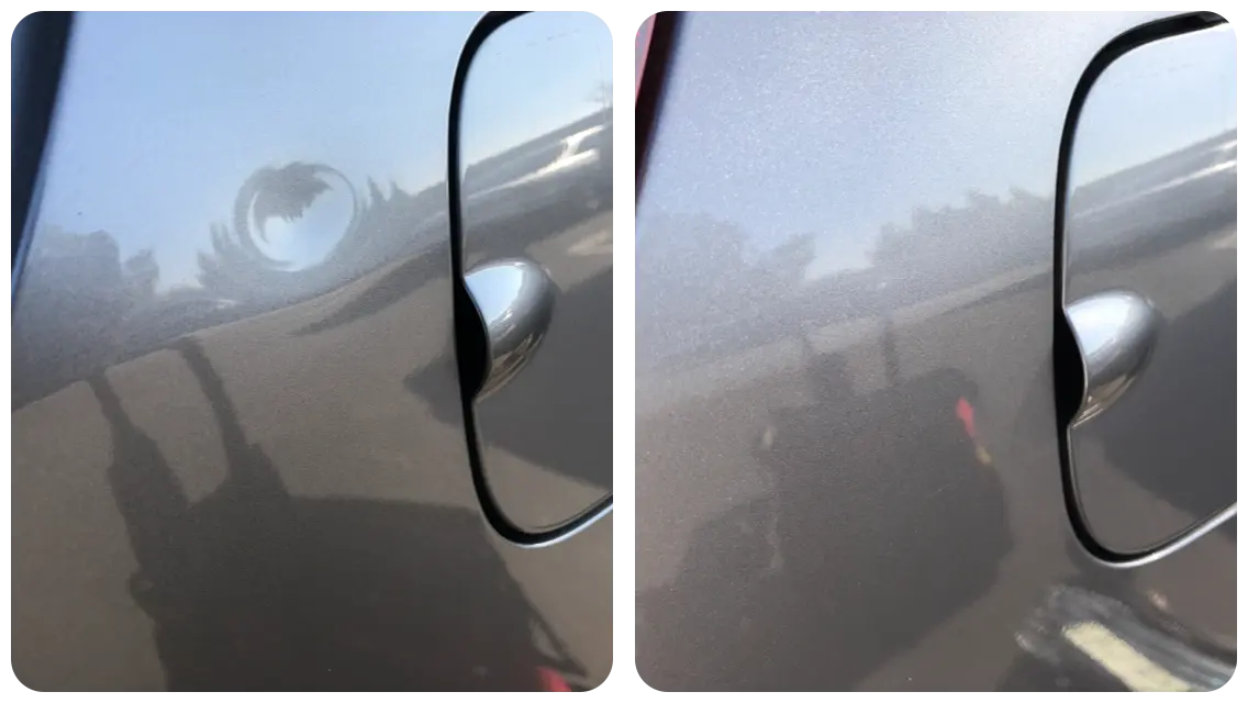 Before and after paintless dent repair on a Lexus rear quarter panel