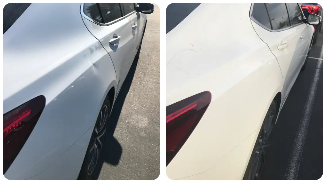 Before and after paintless dent repair on a Kia sedan rear quarter panel