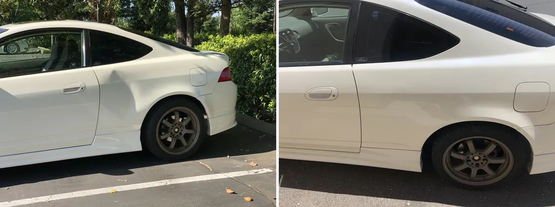 Before and after paintless dent repair on an Acura rear quarter panel