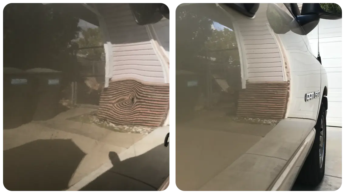 Before and after paintless dent repair on a Dodge Ram door