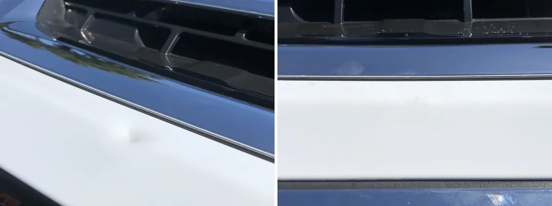 Before and after paintless dent repair on a lifted truck aluminum hood