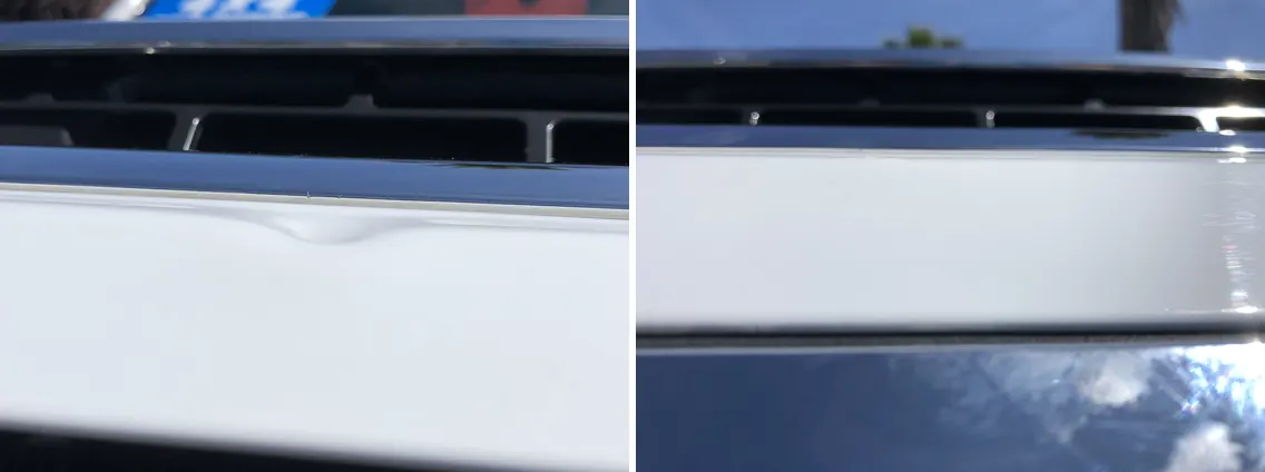Before and after paintless dent repair, second dent on the same lifted truck aluminum hood