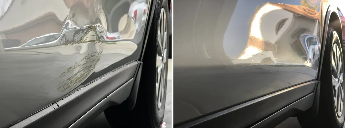 Before and after paintless dent repair on an SUV door hit by a concrete bollard