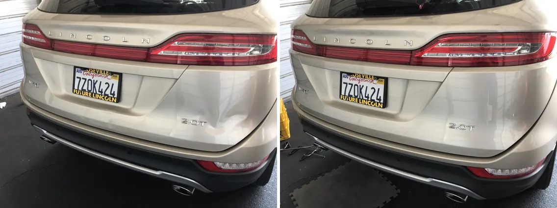 Before and after paintless dent repair on a Lincoln aluminum rear hatch