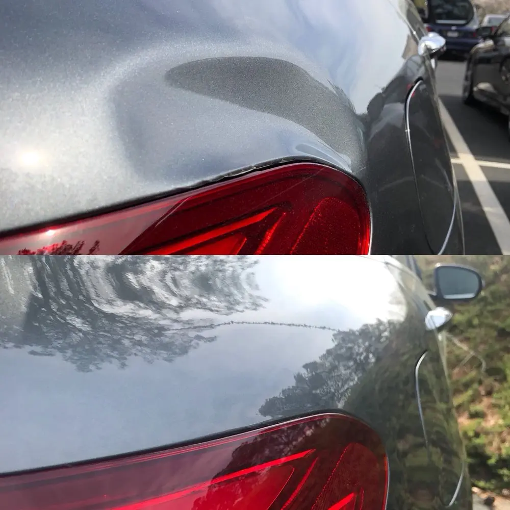 Before and after paintless dent repair on a Porsche rear panel and taillight