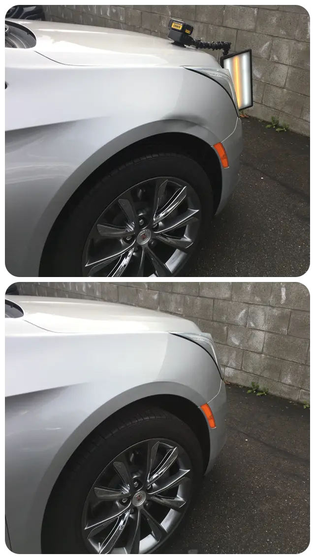 Before and after paintless dent repair on a Cadillac aluminum front fender