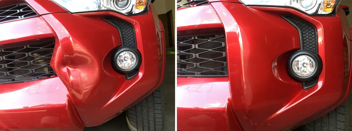 Before and after paintless dent repair on a Toyota Tacoma front bumper
