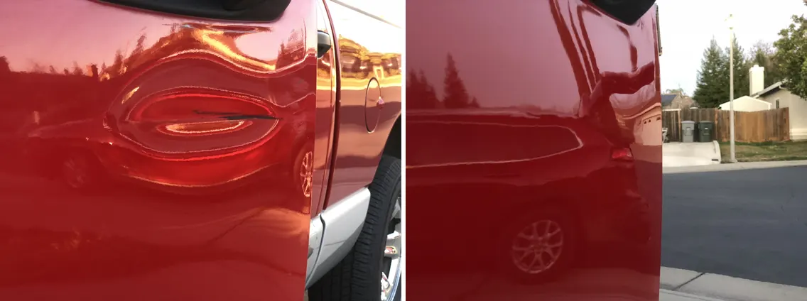 Before and after paintless dent repair on a Dodge Ram door
