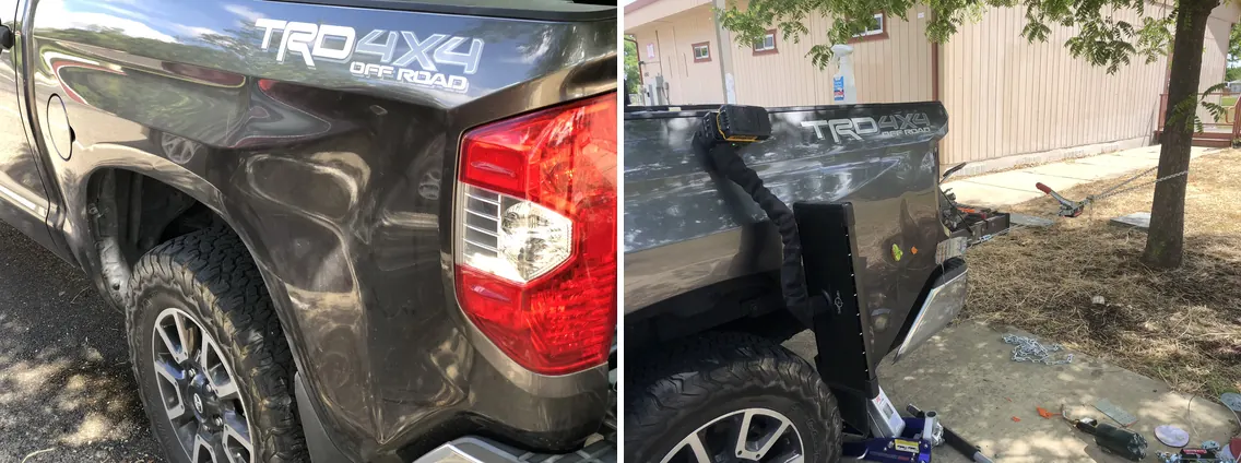 Before and after paintless dent repair on a Toyota Tundra bed side panel