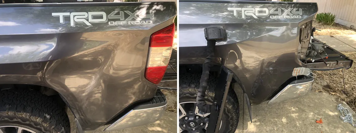 Before and after paintless dent repair, second dent on the same Toyota Tundra bed side panel