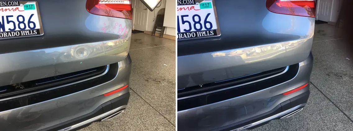 Before and after paintless dent repair on a Mercedes-Benz SUV rear hatch