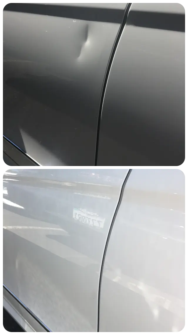 Before and after paintless dent repair on a Mercedes-Benz sedan door